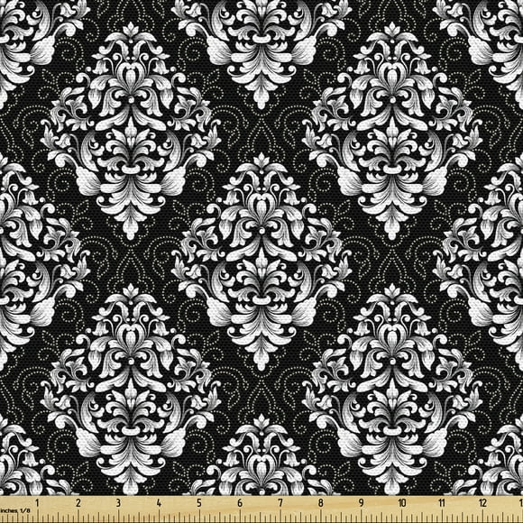 Damask Fabric by the Yard Upholstery, Classic Timeless Foliage Leaves with Victorian Inspired Swirls and Curls, Decorative Fabric for DIY and Home Accents, 5 Yards, Grey Black and White by Ambesonne