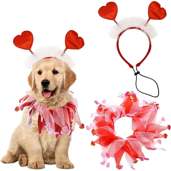 Dog Valentines Outfit, Dog Valentine's Day Clothes Headband Collar with Ribbons Holiday Costumes for Small Medium Large Dogs (Red Heart)-dh