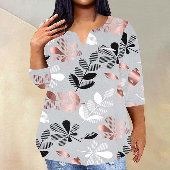 Sakmal Womens Plus Size Tops Silver Elbow-Length Floral Notch Neck T-Shirts Ladies Shirts $5