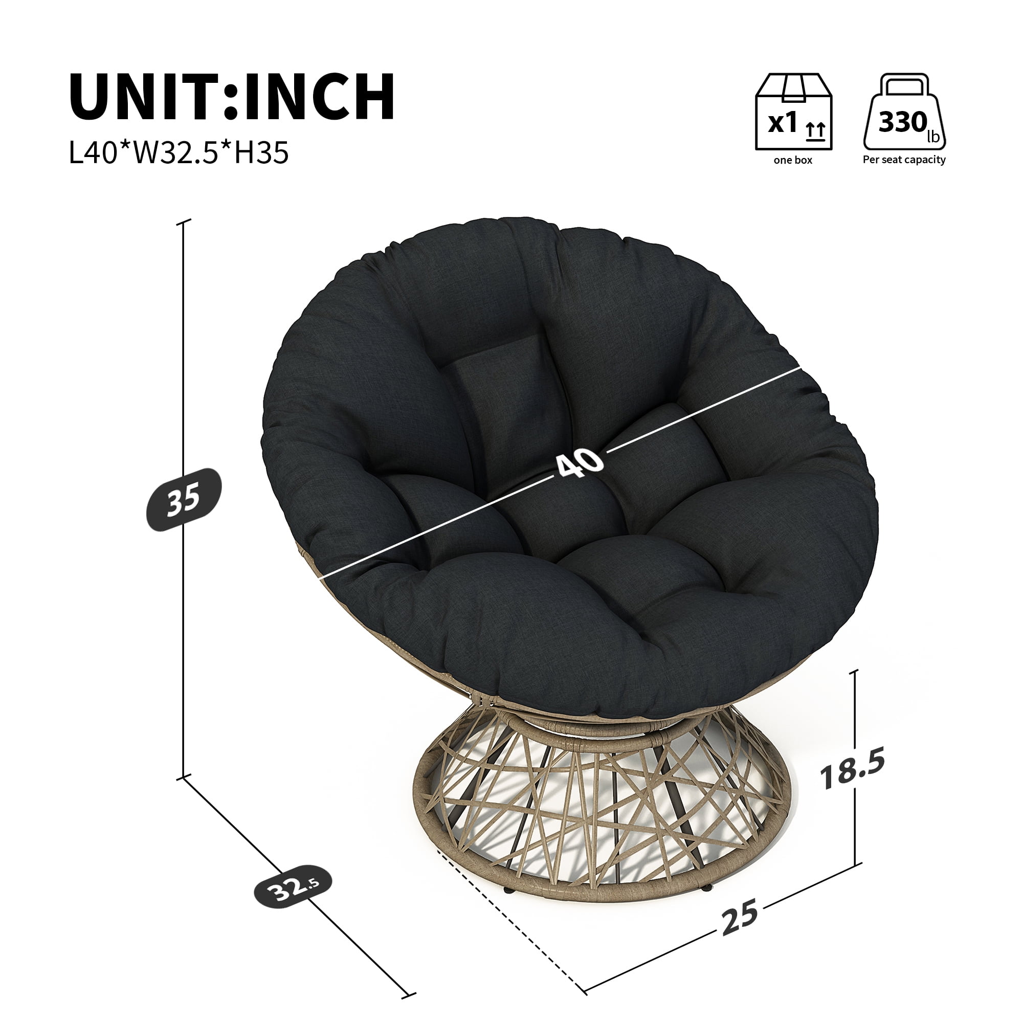 Leumius 40" Papasan Chair, Ergonomic Wicker Chair with Cloud Thick Density Fabric Cushion, Fluid 360 Degree Swivel for Reading,Living Room, Bedroom,Lounge,Gray Base, Black+Brown