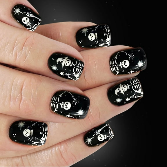 24Pieces Halloween Nails Art Cobweb Skeleton Print ABS False Nails Without Application Tools Long Lasting