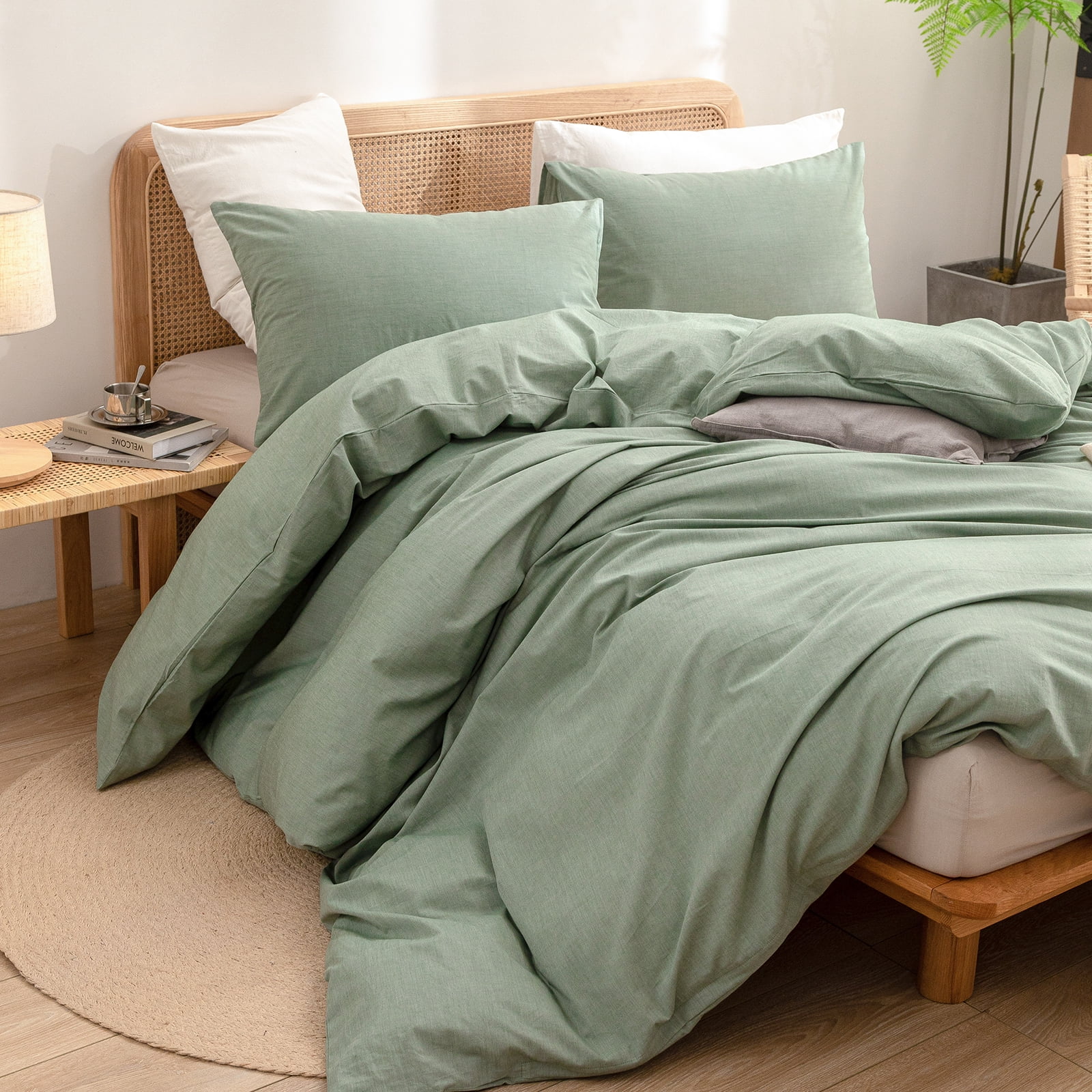 BESTOUCH Duvet Cover Set Twin 100% Washed Cotton Linen Feel Soft Chic Lightweight 2Pcs (Green, 68"x90")