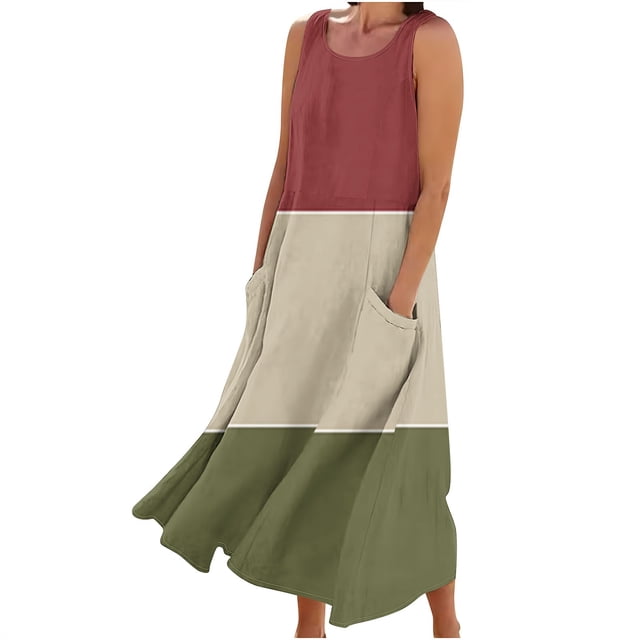 Vestido de Verano para las Mujeres sin Mangas Lino-Look Impreso Maxi, Suelto Fluido Y Vestido Sexy de Moda para las Mujeres