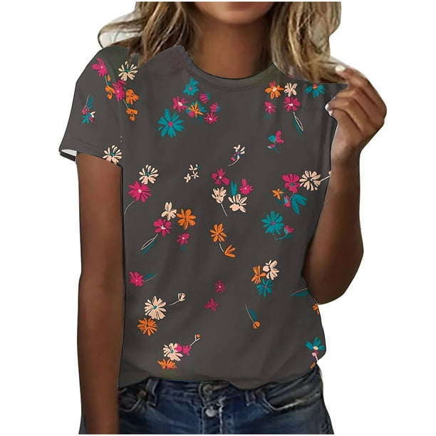 Tops de Ajuste Suelto para las Mujeres Impreso Manga Corta Suéter Camiseta Cuello Redondo Blusa Casual, Top de Moda para el Uso Diario Y las Salidas