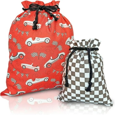 Gather & Knot Drawstring Gift Bags | 20" Large 12" Small | Premium Canvas | Reusable Fabric Wrap for Boy Birthday, Baby Shower | Cars Party Theme Decor | Race Car