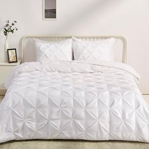 Soft, Lightweight Queen Size Comforter Sets, All-Season Down-Alternative 3-Piece Bedding Set, Pinch Pleat Design, Full/Queen Size, Bright White