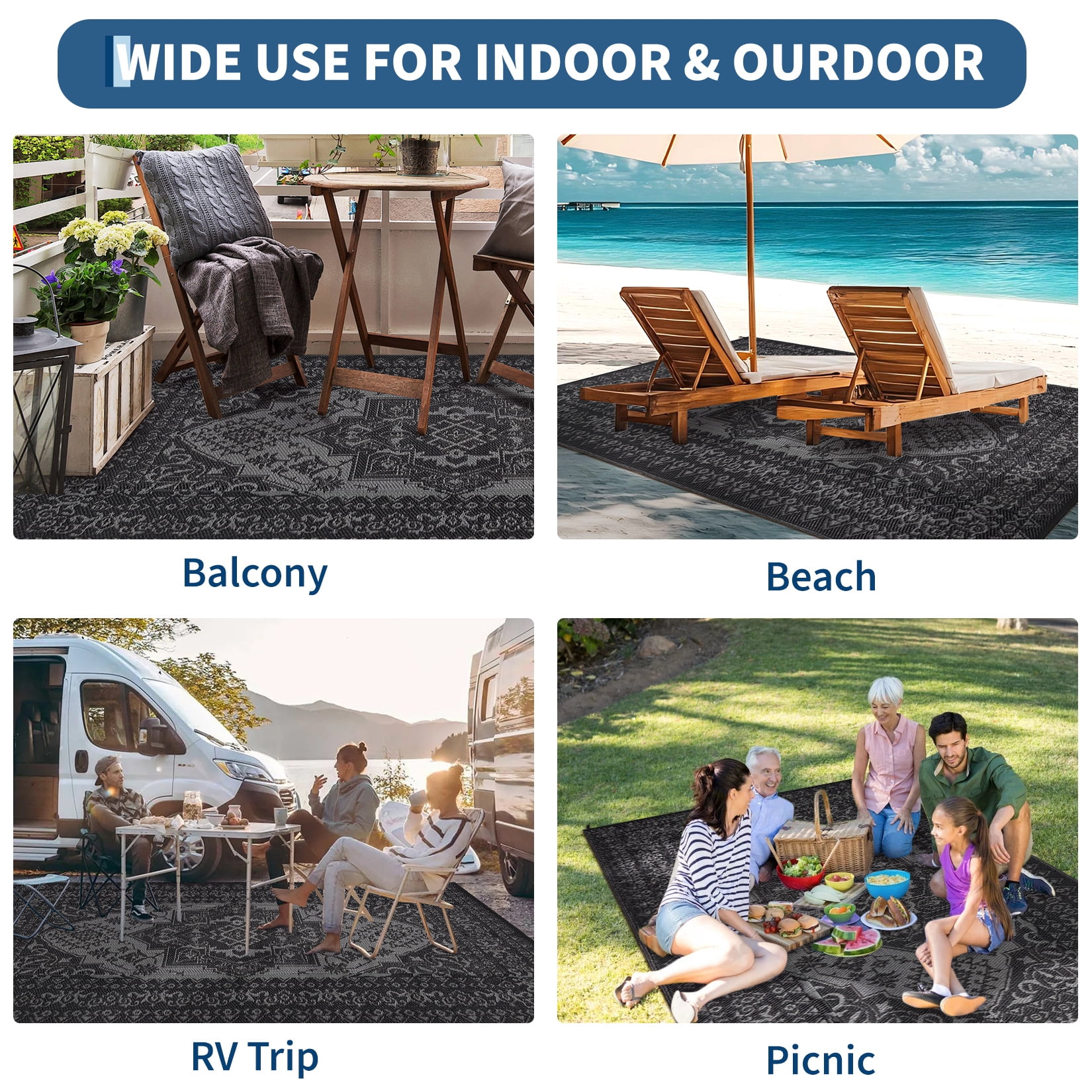 Garvee Outdoor Rug 9'x12' Waterproof Reversible Plastic Straw Rug, Indoor Outdoor Rug for Patio RV Camping Balcony Deck Backyard, Black & Gray