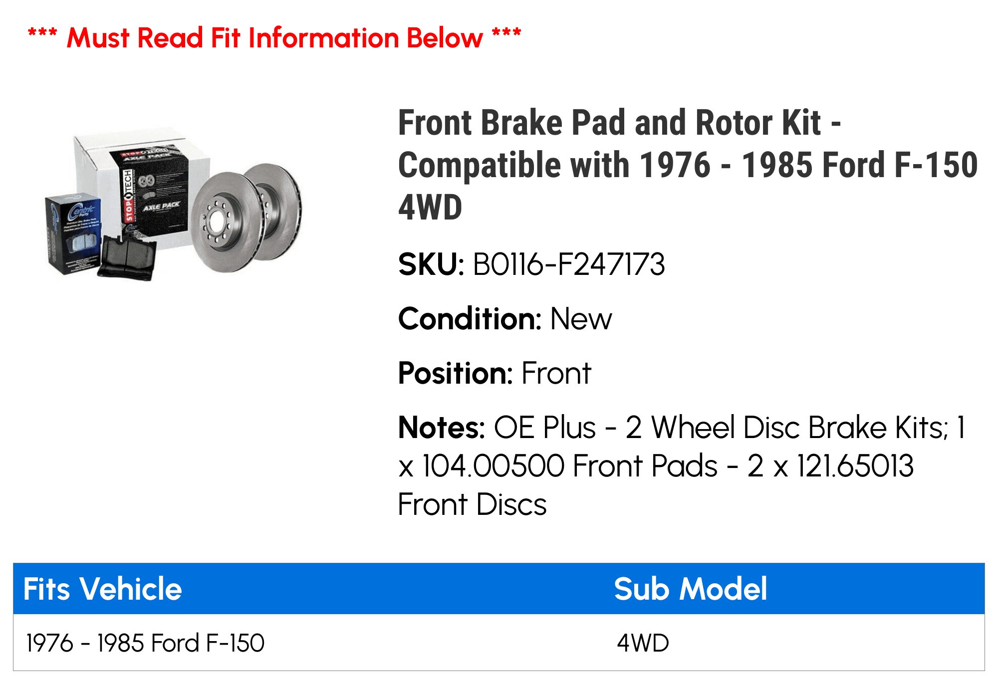 DuraGo Front Brake Pad & Rotor Kit For 1976-1985 Ford F150 – Semi-Metallic, Direct Fit (11585XD)