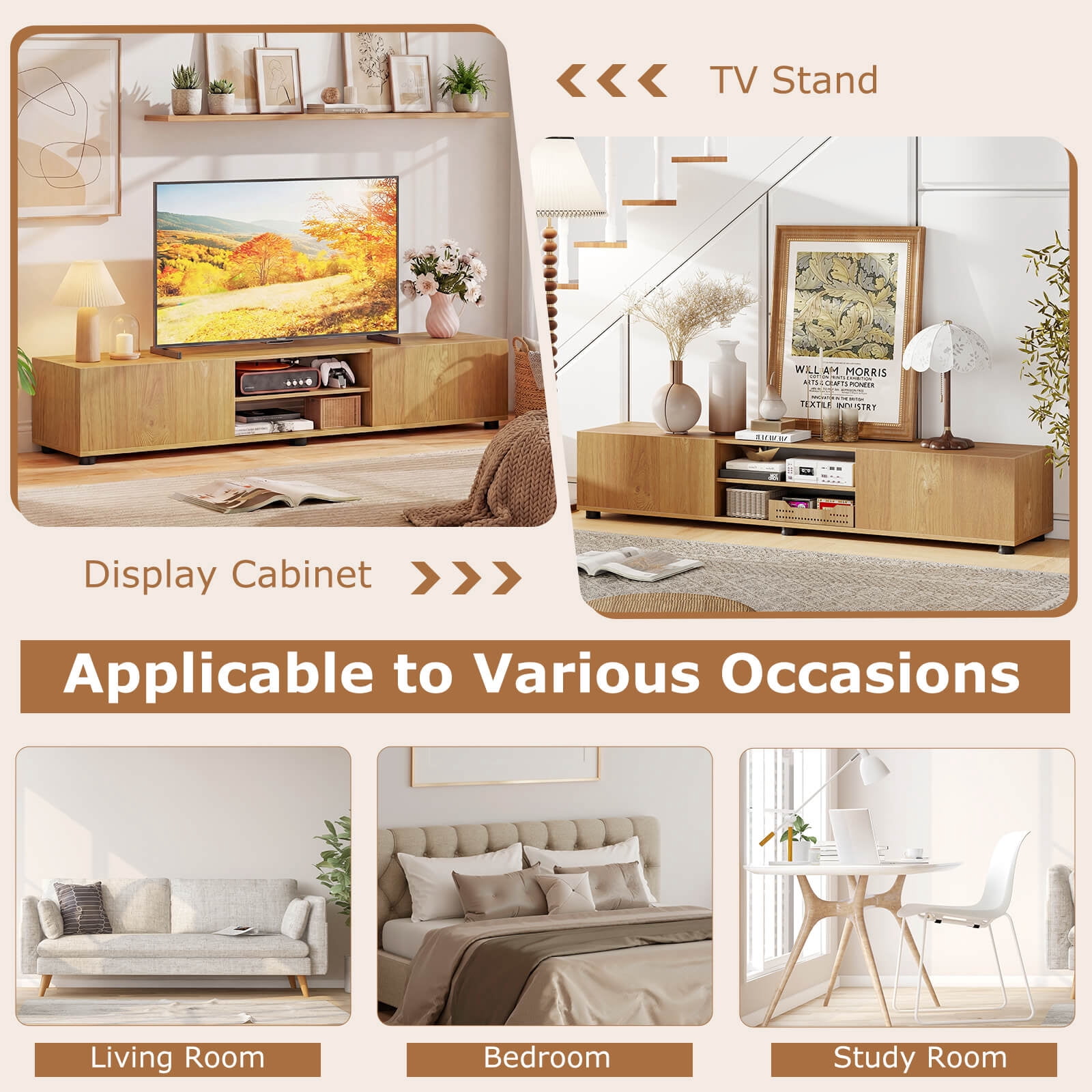 Costway TV Stand for up to 70” TVs, Media Console Table with Double Doors & Open Shelves Natural
