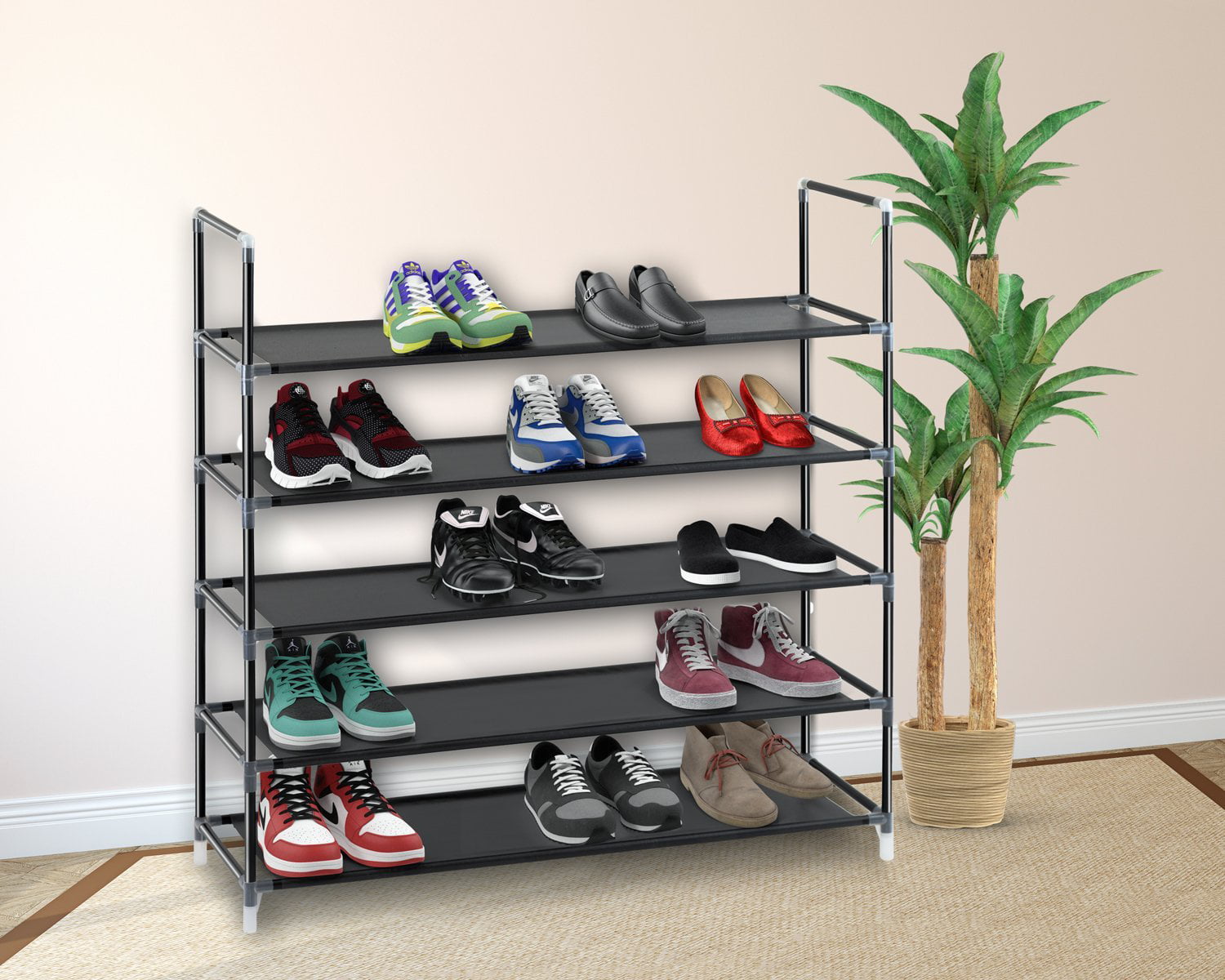 Black Halter 5 Tier Stainless Steel Shoe Rack Shoe Storage Stackable Shelves 