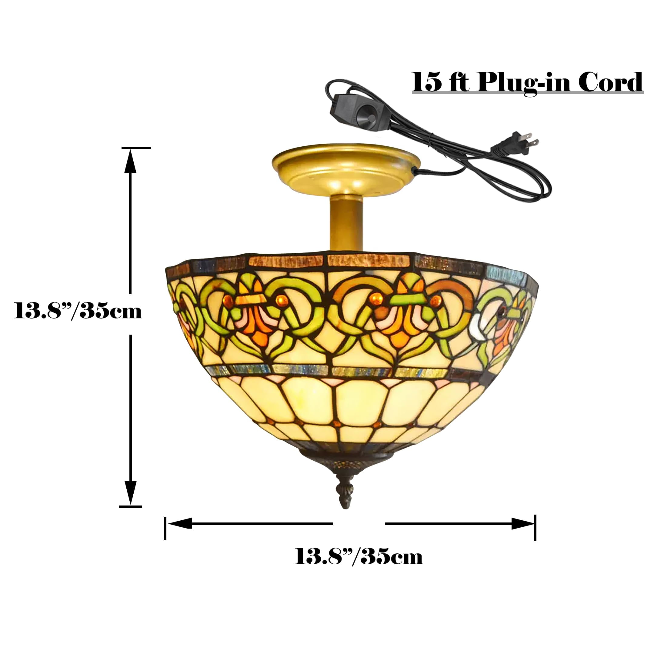 Kiven 13.8in Plug-in Flush Mount Ceiling Light Fixture, 3-Light Anti Glare Close to Ceiling Light with 15FT Cord, Tiffany-Style Glass Chandelier Dimmable for Bedroom Kitchen Hallway(No.3209)