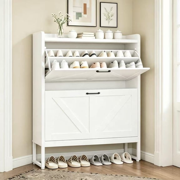 Exnote Shoe Cabinet Narrow Shoe Storage Cabinet for Entryway and Hallway Space-Saving Shoe Organizer Featuring 2 Flip Drawers and Customizable Shelf That Stores 16 Shoe Pairs,White