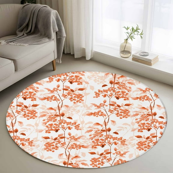 Burnt Orange Botanical Round Rug 3ft Washable Circle Entryway Rugs Non Slip Vintage Nature Flower Area Rug Indoor Floor Carpet for Bedroom Kitchen Living Room Home Office Dining Room Nursery