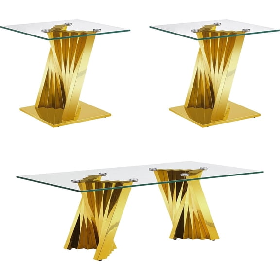 Modern 3-Piece Glass Coffee Table and End Table Set, High-Transparency Tempered Glass Top and Irregular Stainless Steel Double Base, Cocktail Table, for Living Rooms, Reception Areas