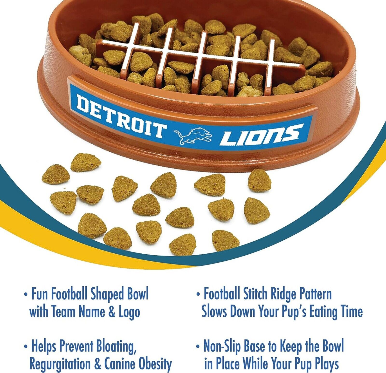 Pets First NFL Detroit Lions Super-Bowl Slow Feeder Bowl for Dogs and Cats, Football Design for Healthy Digestion, Non-Slip, for Large & Small Pet