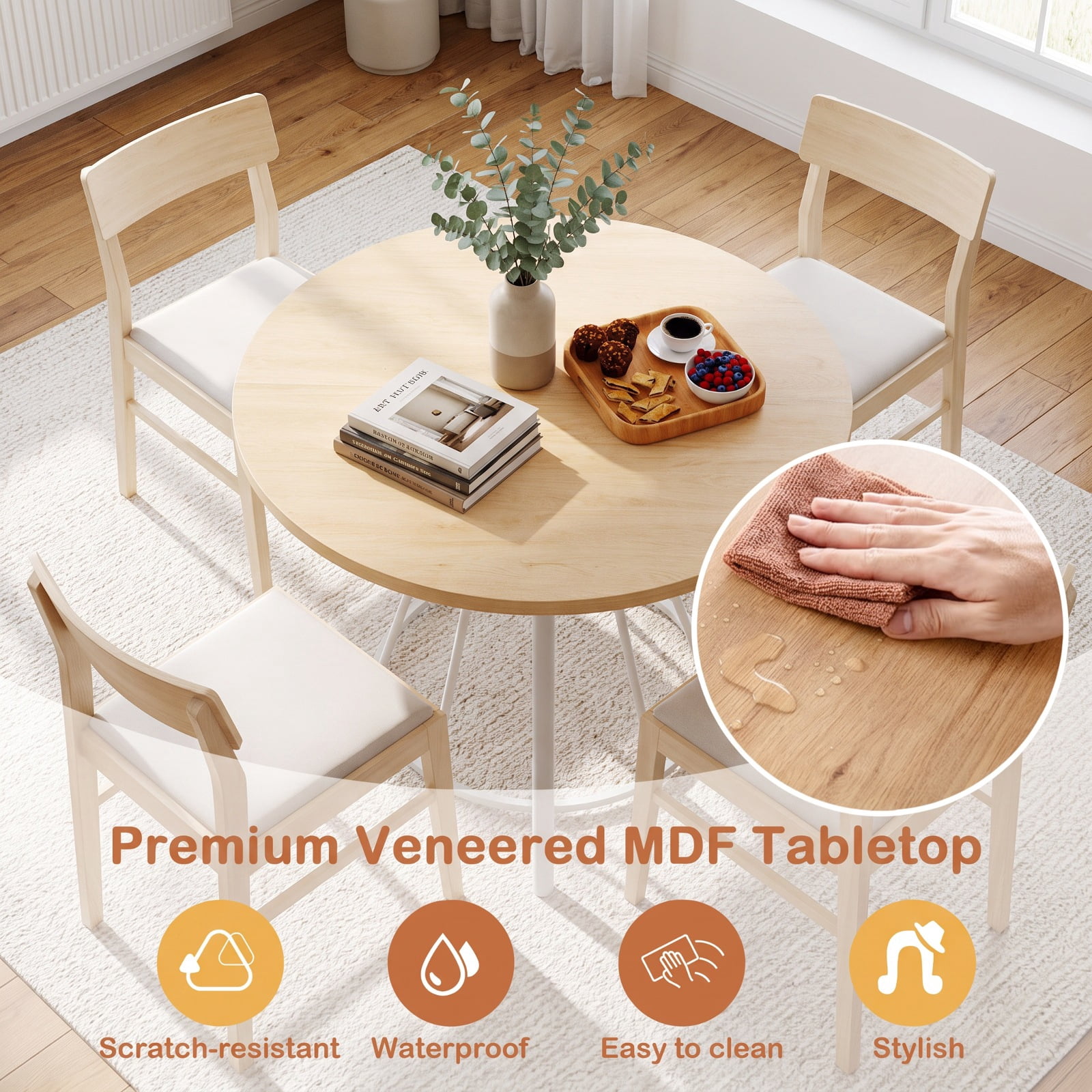 Furnibear 47 Inch Round Farmhouse Dining Table for 4 with Natural Wooden Tabletop