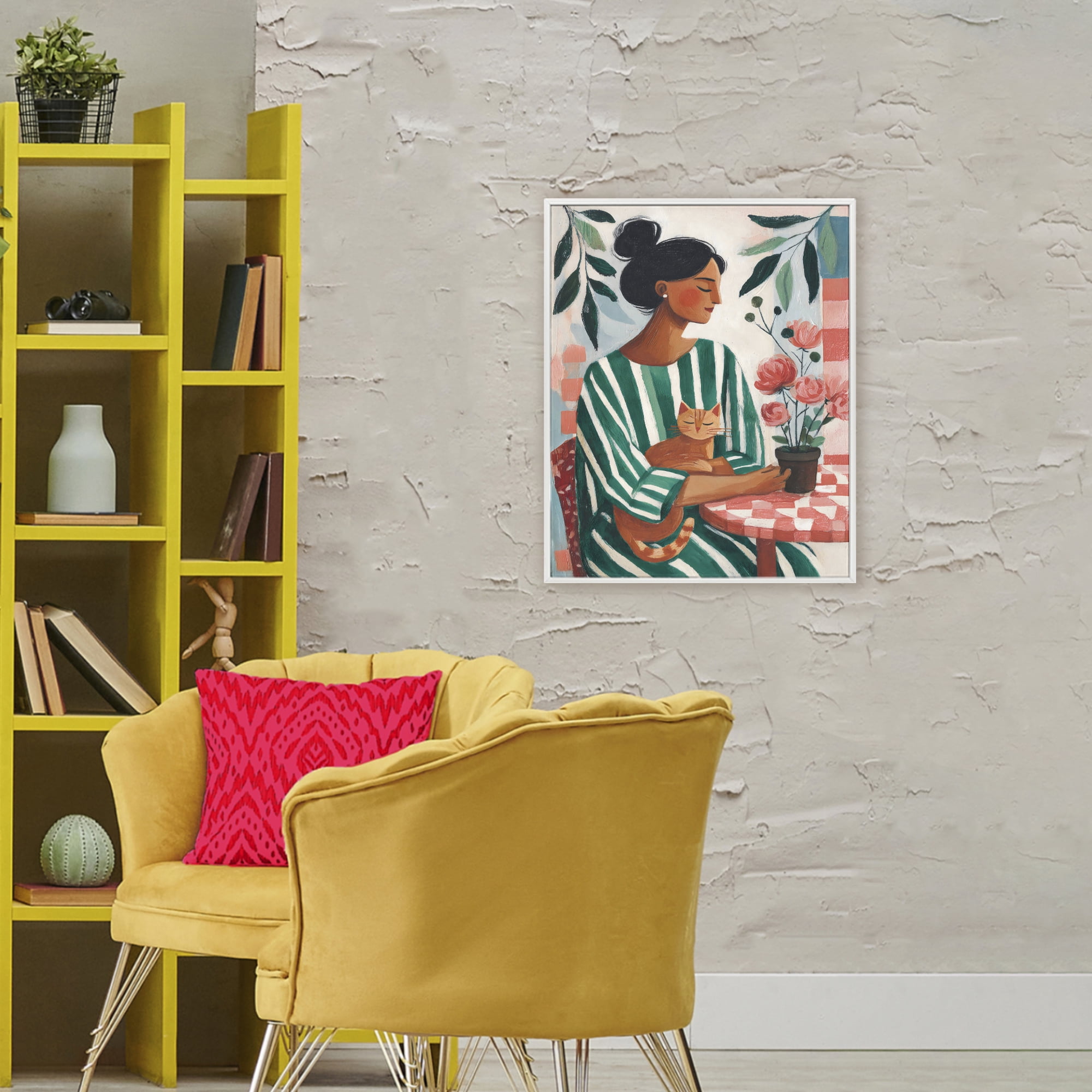 Stupell Industries Cat Lady in Striped Dress White Framed Giclee Art, design by Sisi and Seb