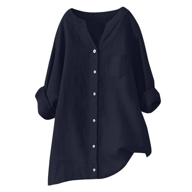 Camisa de lino con botones para mujer, top holgado y transpirable con cuello redondo, color liso para uso diario/verano 2025
