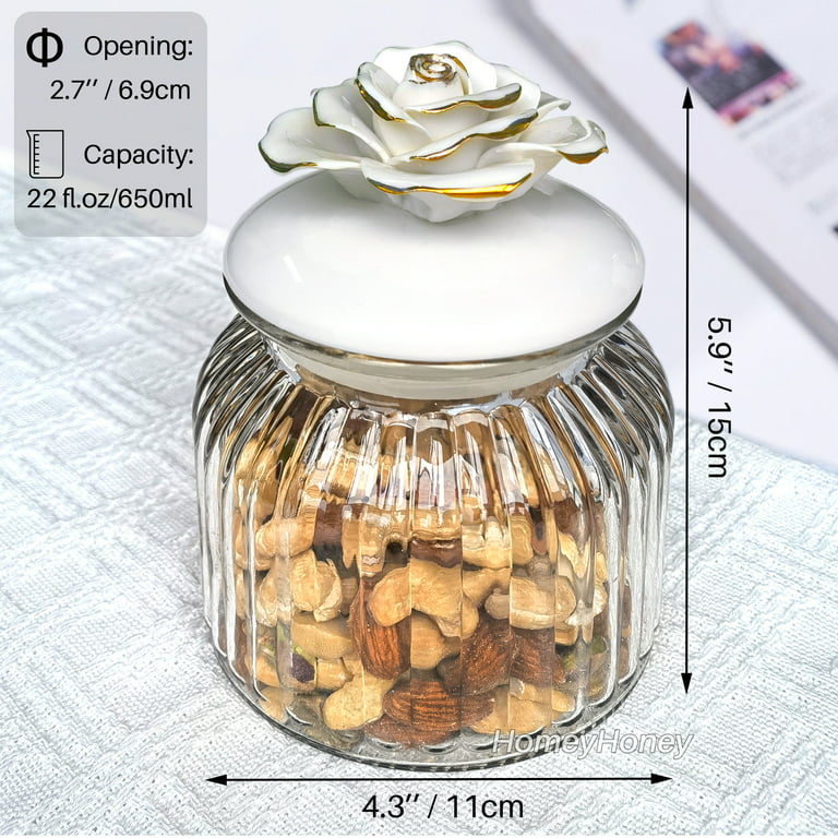 HomeyHoney 22 oz Decorative Glass Jars with Airtight Lids, Handmade White  Porcelain Rose on Lid, Decorative Glass Canisters with Airtight Lids, Glass  Storage Containers with Lids for Candy Cookie 