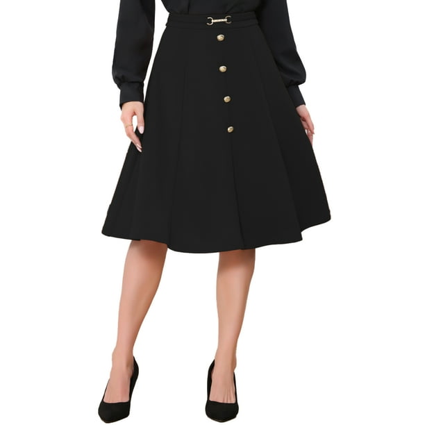 Falda midi plisada A-Line Inspire Chic para mujeres, falda de trabajo vintage de cintura alta, falda de negocios S negra