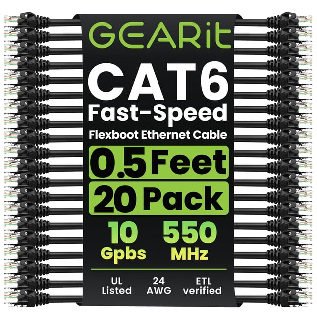Cable Ethernet GEARit Cat6 de 0,15 m, paquete de 20, negro