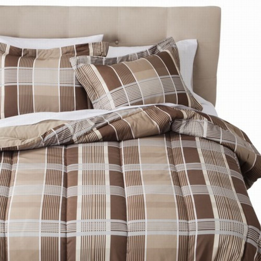 Room Essentials Twin Bed in Bag Brown Tan Plaid Comforter Set Sheets