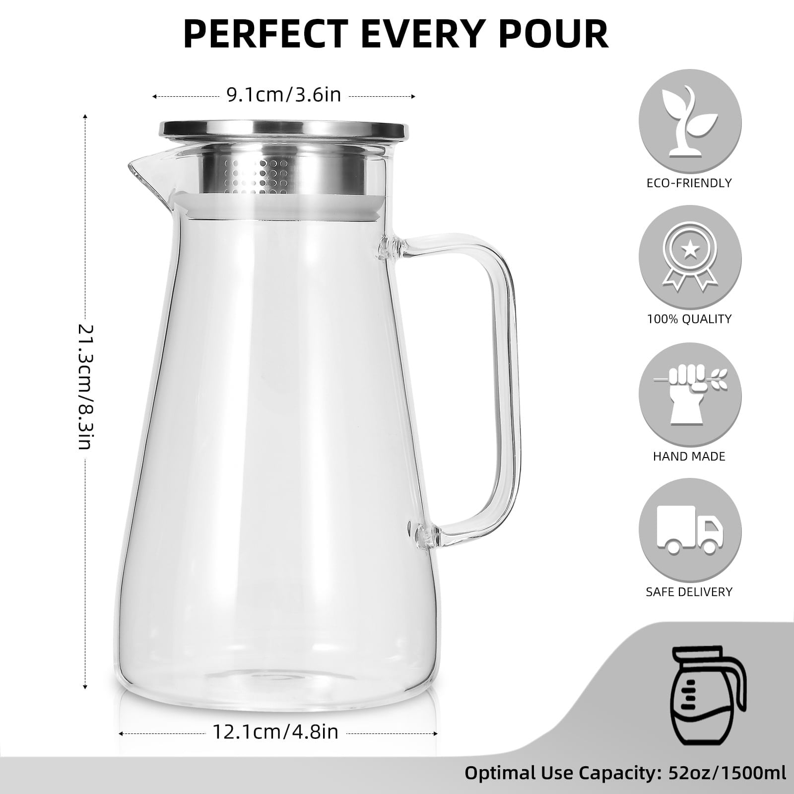 Glass Pitcher with Lid, Large Iced Tea Water Pitcher, Easy Clean Heat Resistant Borosilicate Glass Jug with Stainless Steel Lid for Juice, Milk, Cold or Hot Beverages - 52oz, 4.8x8.3"