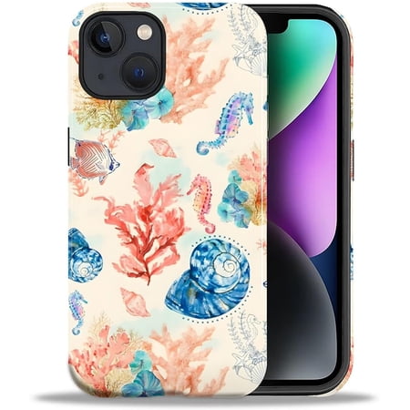 for iPhone 15 Plus Case Hybrid 2-Layer Hard Shell + Silicone Protective Case -Resistant Shockproof- Summer Ocean Coral Fish Seahorse Conch Collage
