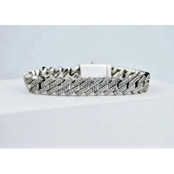8 CT Round Cut White Moissanite Men's Cuban Bracelet 14K White Gold Plated
