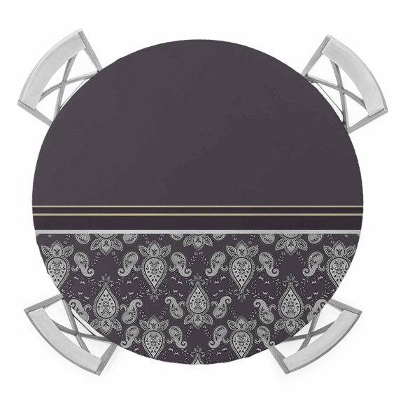 Elastic Fitted Round Tablecloth, Boho Purple Flower Waterproof Stretch Table Cover for 55"-60" Tables, Abstract Bohemia Pesley Floral Washable Outdoor Tablecloths for Patio, Picnic, Camping