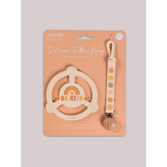 JuJuBe x Studio Oh! Silicone Teether Ring & Detachable Clip - Be Kind Rainbows