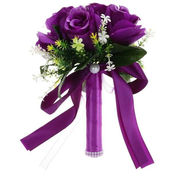 Ramo de flores artificiales, ramo de rosas falsas para dama de honor, ramo de novia hecho a mano con cinta de seda para centros de mesa de boda morados.