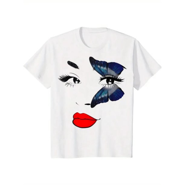 Women's artistic Butterfly & Face Print Cotton T-Shirt - Breathable Round Neck Short Sleeve Casual Top, Medium Stretch for Spring/Summer Casual attire, Spring Summer apparel, Bold Graphic Tee, No