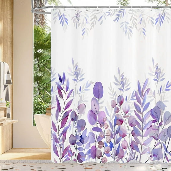 Purple Eucalyptus Fabric Shower Curtain, Modern Floral Bathroom Curtain with Hooks, 72 x 72