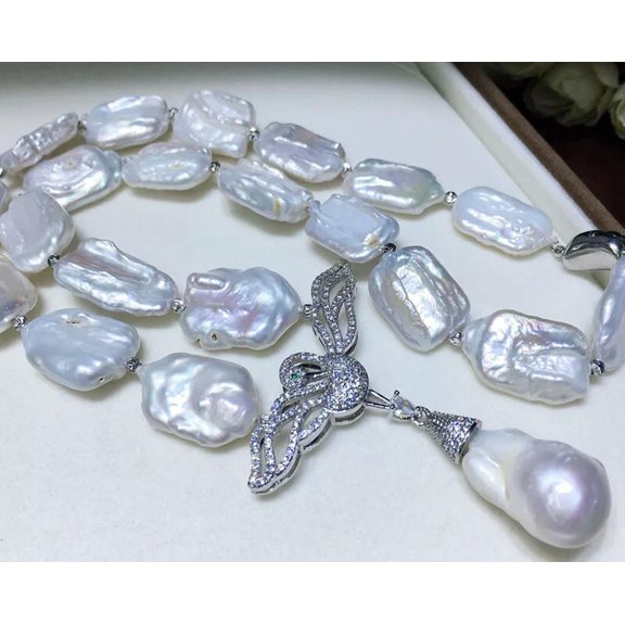 K-KED Natural 15-20mm white south sea baroque Pearl CZ pendant Necklace