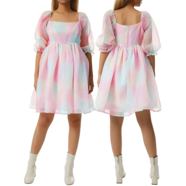 Vestido de princesa de tul con mangas abullonadas de Tsseiatte para mujer, minivestido de hada con teñido anudado y hombros descubiertos, vestido de fiesta de noche de corte A