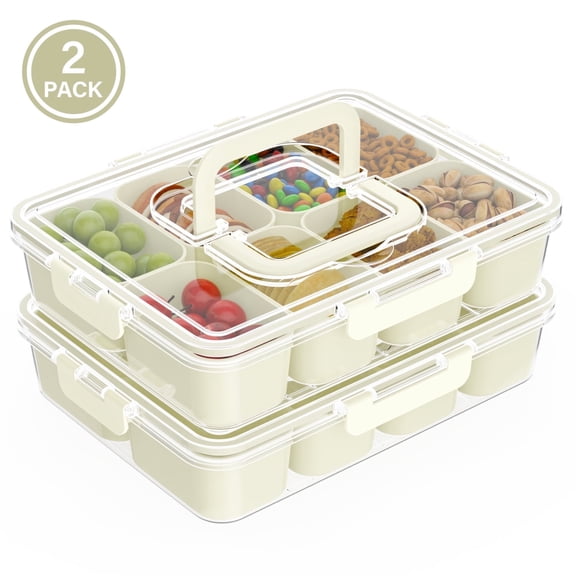 2 Pack Snackle Box Containers: FOUKUS 8 Compartment Divided Serving Trays with Lids and Handles, Clear Organizers for Snacks, Parties, Holidays, Entertaining