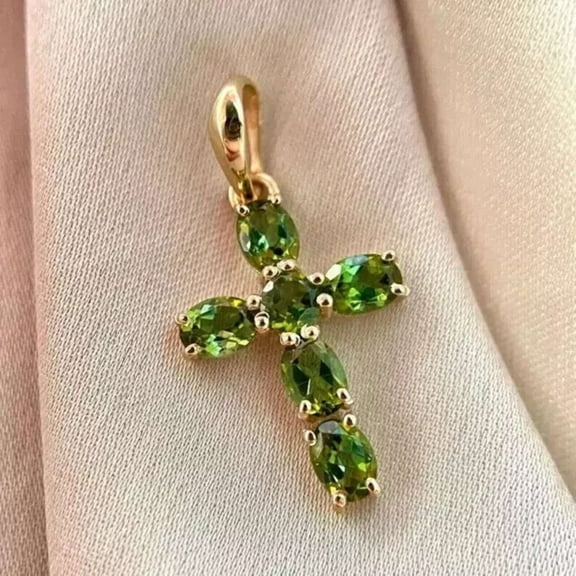 2CT Green Peridot 925 Silver Women's Cross Pendant 14k Yellow Gold Plated
