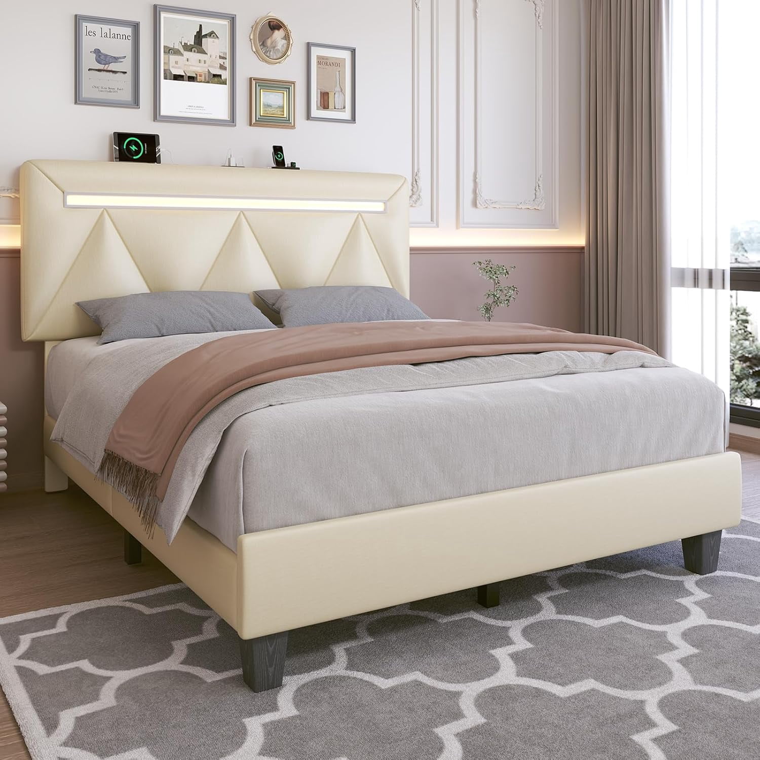 Holiway Full Upholstered Bed Frame with Adjustable Headboard, LED Bed Frame with Charging Station, Beige