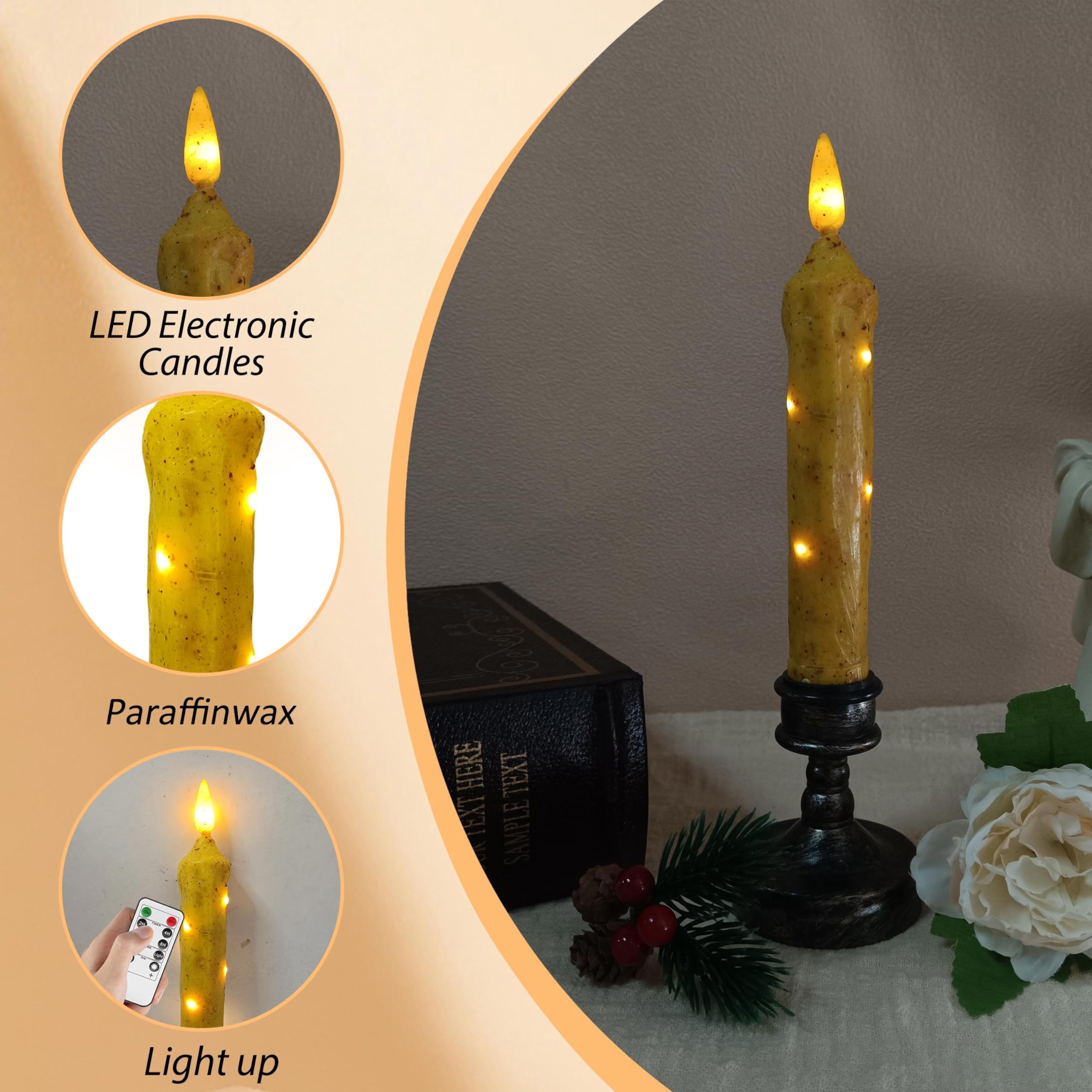 FCMSHAMD 6.5 Inches Primitive Real Wax LED Short Flameless Candles Hand Dipped Battery Operated Taper Candle with Timer Remote for Vintage Rustic Home Decor