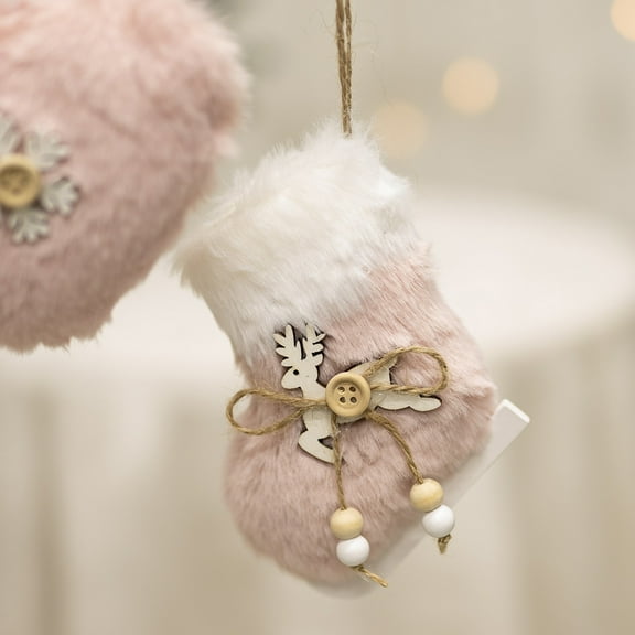 Mini Christmas Stockings Set 5.11 Inch Faux Fur Xmas Hanging Stocking Small Plush Xmas Stocking with Sequin Snowflake Christmas Scarf Kraft Gift