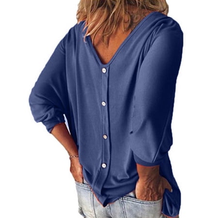 Luxtrada Womens Plus Size T Shirts V Neck Loose Blouse 3/4 Sleeve Back Buttons Casual Solid Tops For Summer Fall Blue 2XL