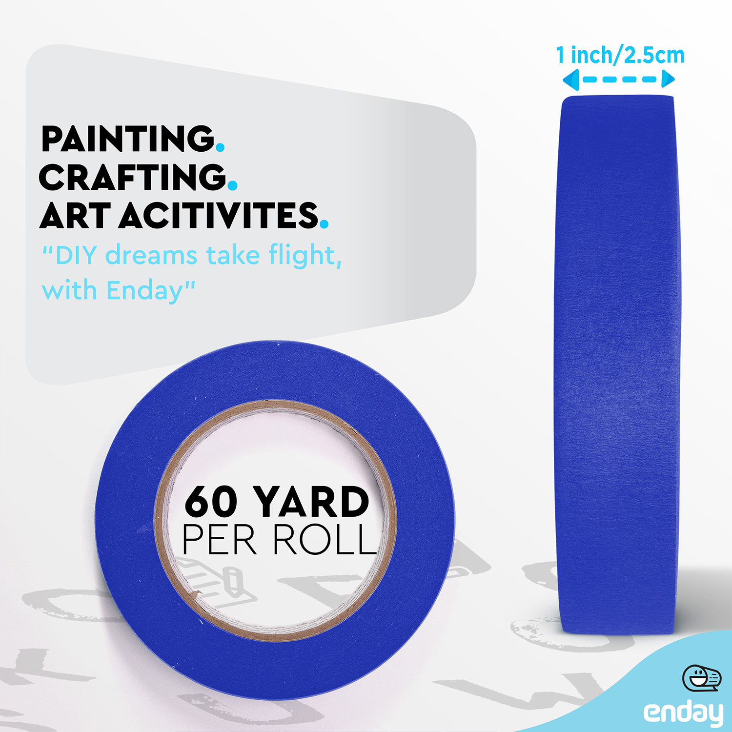 enday Masking Tape, 1" x 60 Yards, Blue, Pack of 6
