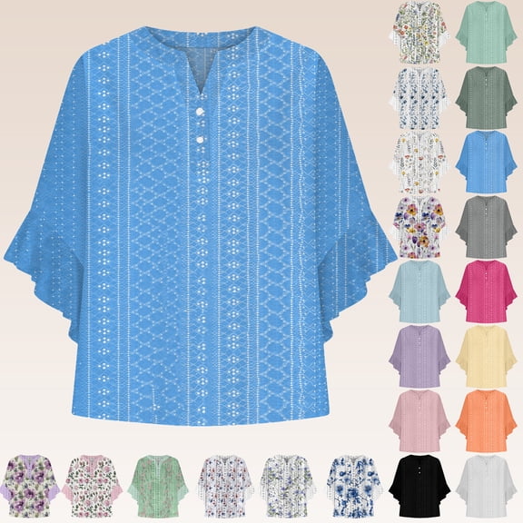 Bmawag Blouses for Women 3/4 Sleeve V-Neck Plus Size Solid Color Ruffle Sleeve Pullover Shirts Women's Trendy Casual Loose Blouses Gifts for Women Blue L