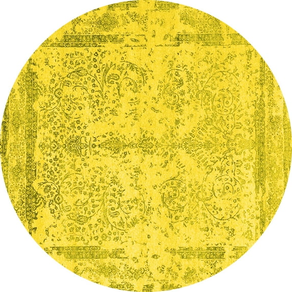 Ahgly Company Machine Washable Indoor Round Oriental Yellow Industrial Area Rugs, 8' Round