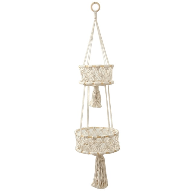 Cesta colgante de macramé hecha a mano para plantas de interior, colgador de frutas Folkulture. Wite 2 niveles