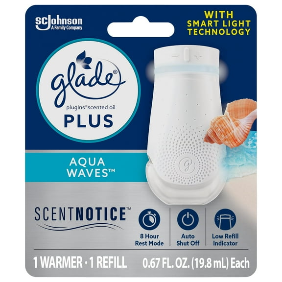 Glade PlugIn Plus Air Freshener Starter Kit, Scented Oil for Home and Bathroom, Aqua Waves, 0.67 Fl Oz, 1 Warmer   1 Refill