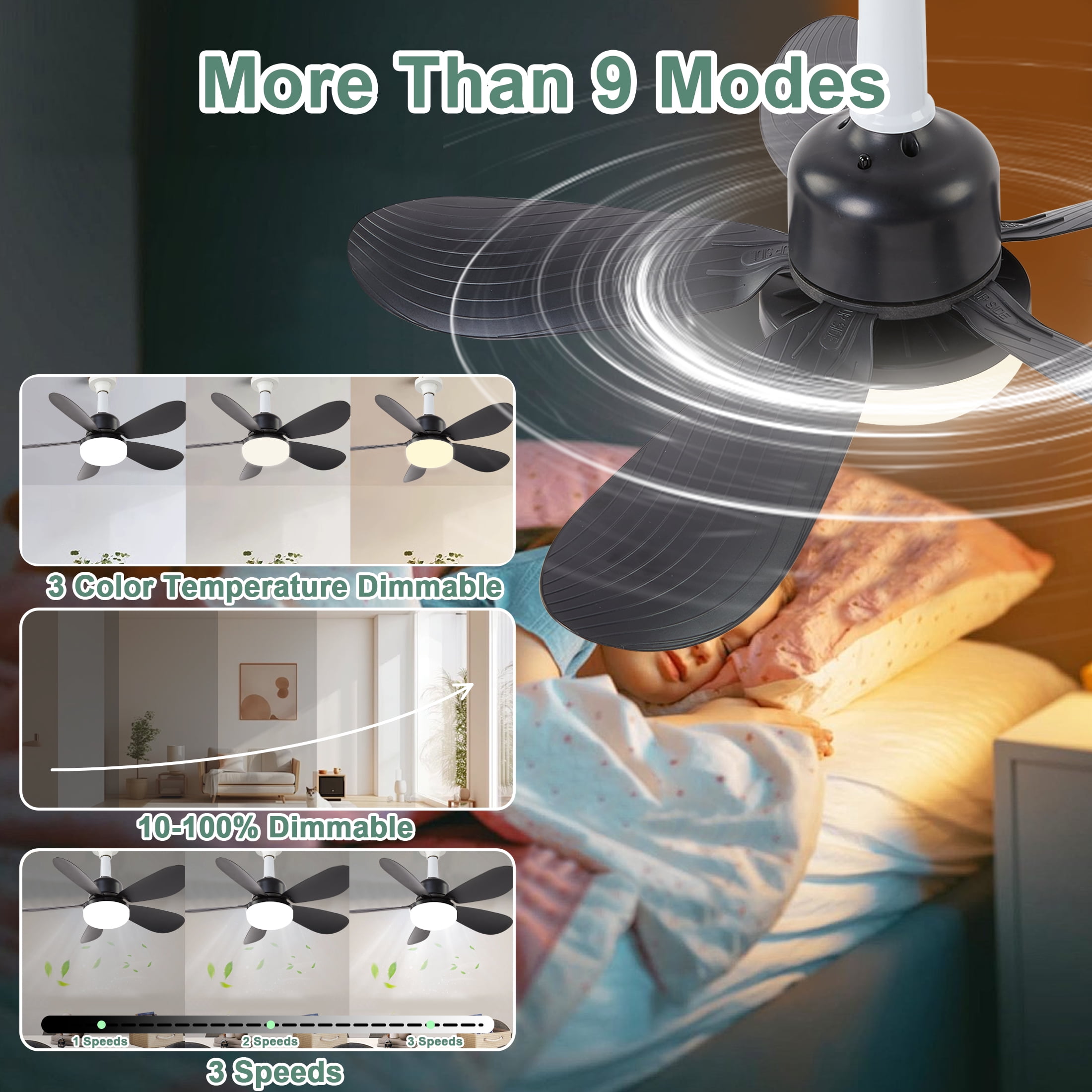 LOFTER-Pro Socket Fans with Lights,20.5 inch Low Profile Ceiling Fan and Remote Control Modern Flush Mount Black Ceiling Fans,Dimmable 3 Colors,3 Speeds,5 Blades for Small Bedroom,Small Kitchen