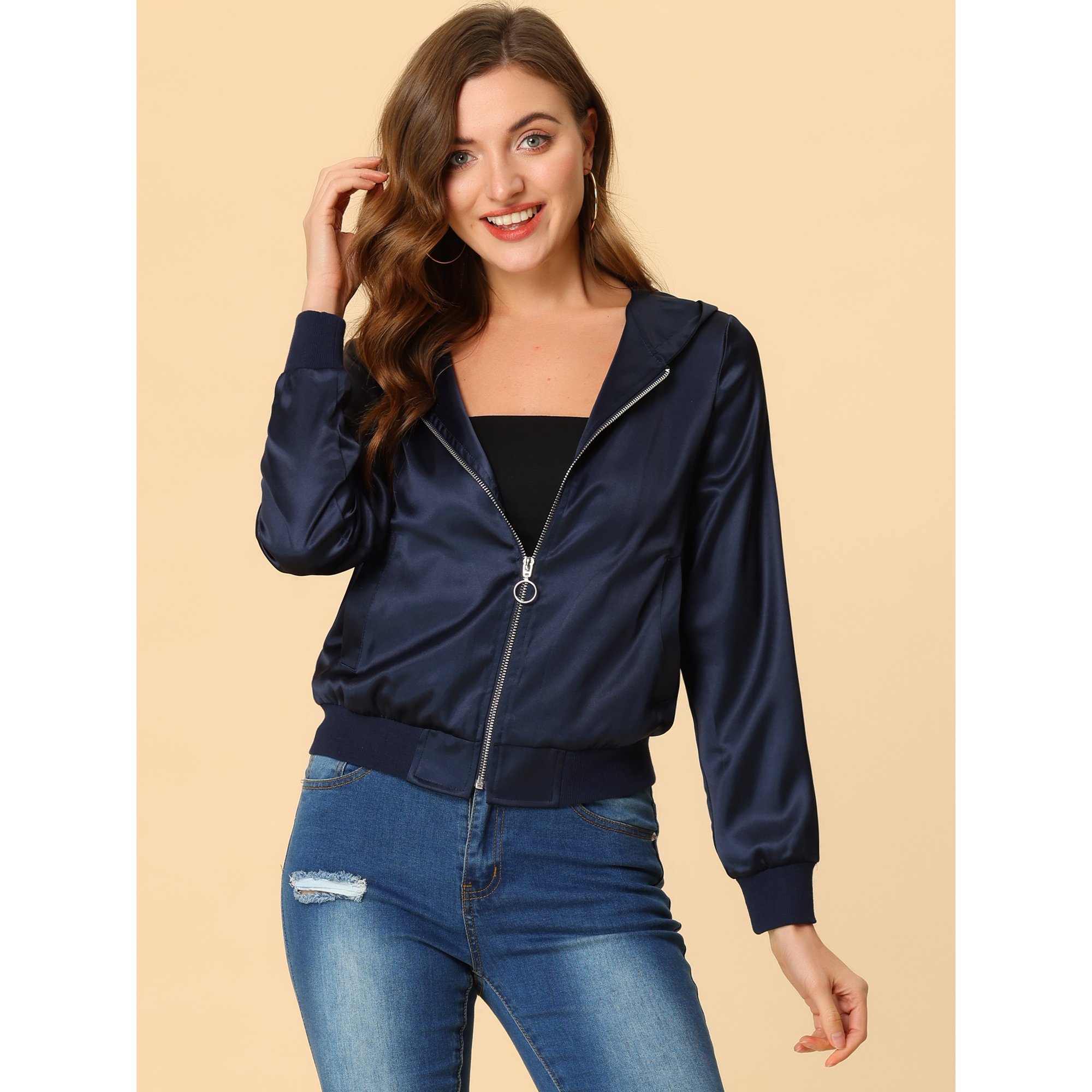 Women's Sparkle Holographic Shimmering Metallic Zipper Front Hood Shiny Bomber  Jacket Green XL | Walmart Canada
