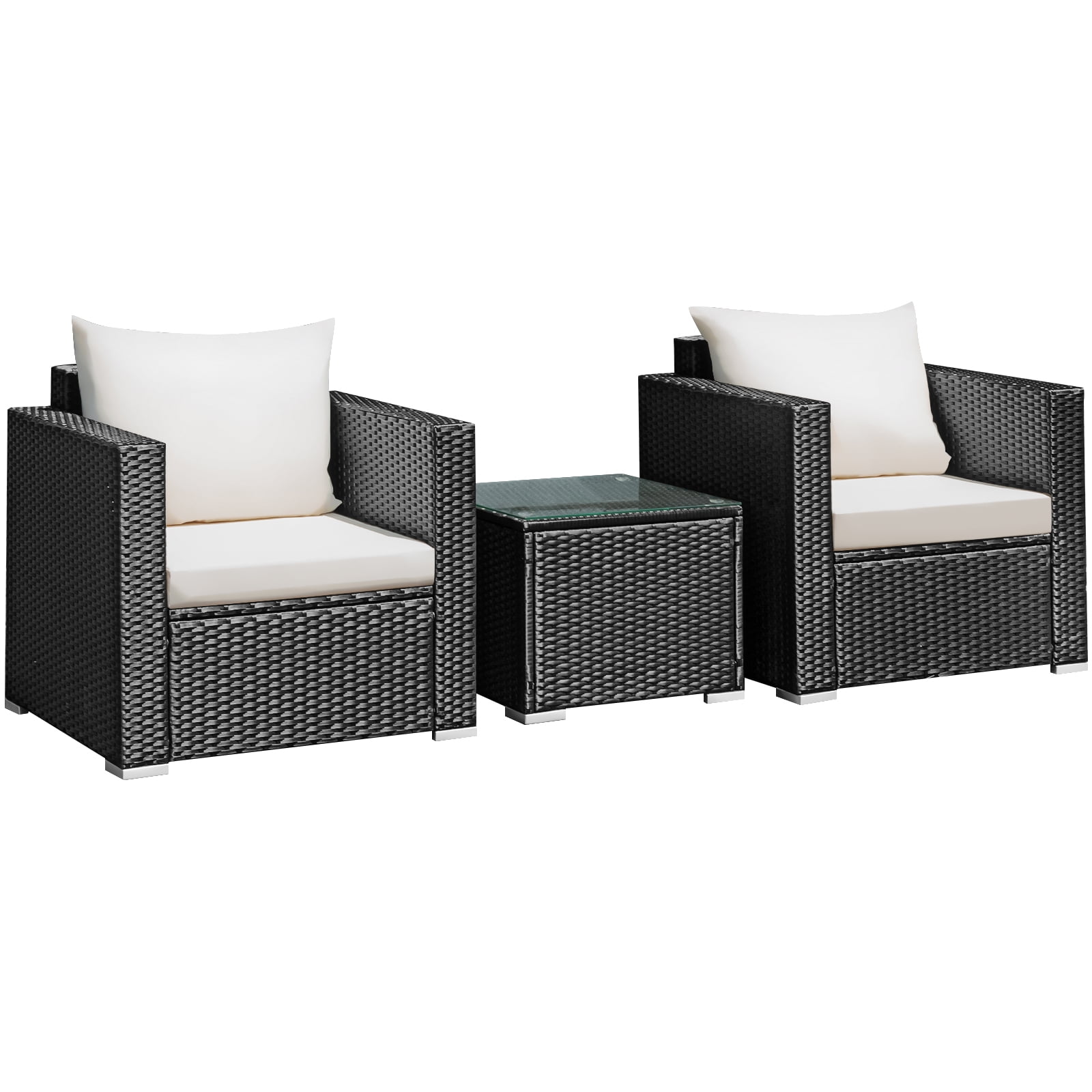 Patiojoy 3PCS Patio Rattan Furniture Conversation Set with 2 Cushioned Sofas & Coffee Table for Outdoor White